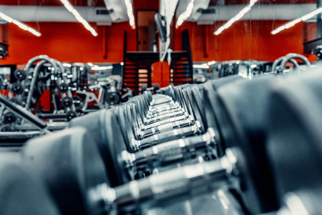 A row of dumbbells in a gym.