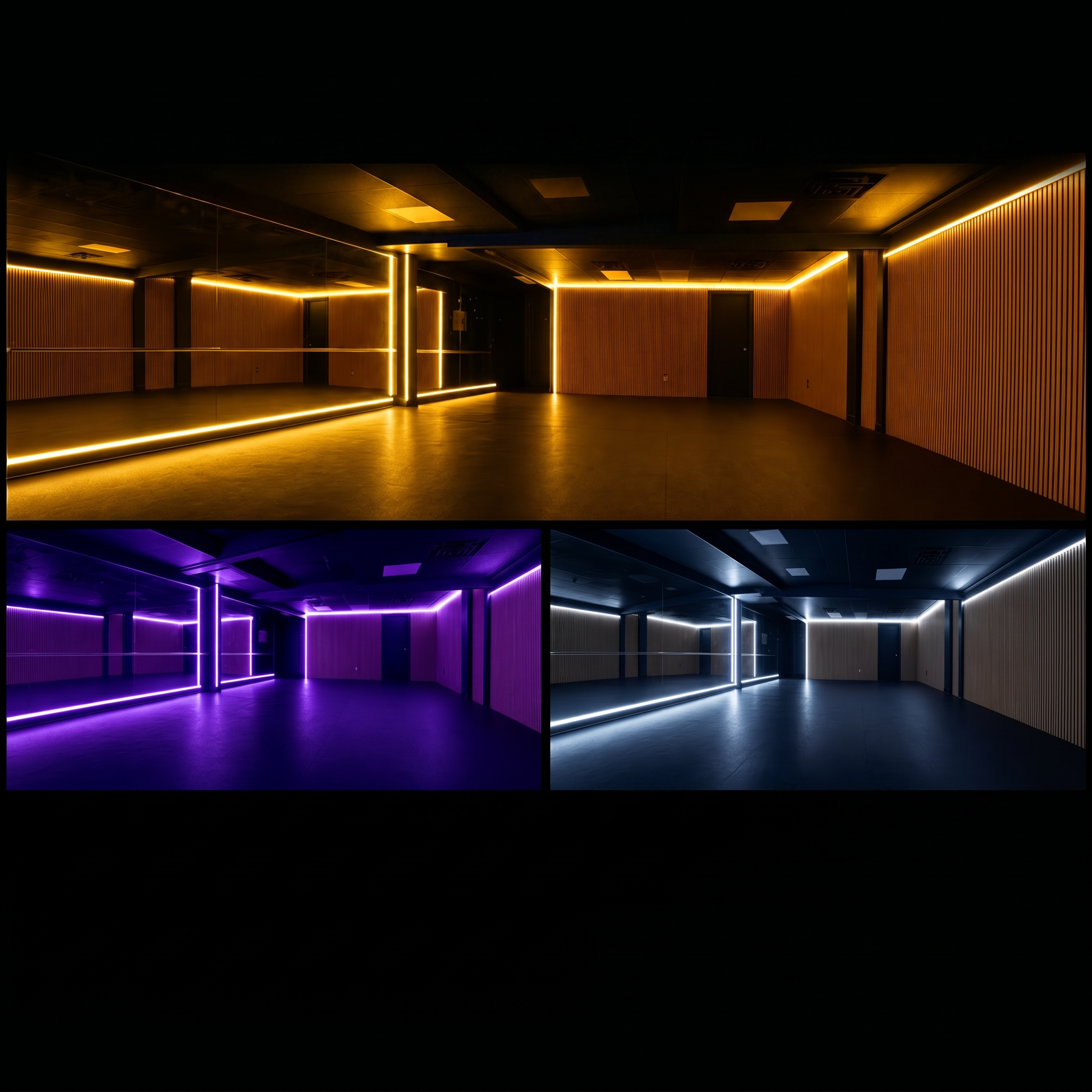 Prestige Fitness Zen Zone - Ambient lighting in gold, purple, and blue